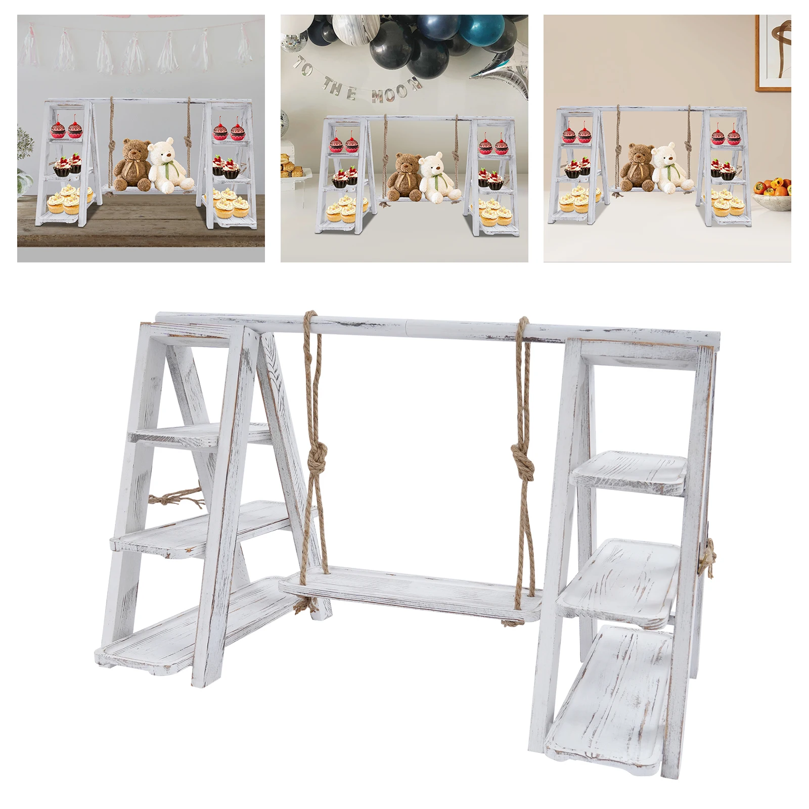 13.5 Inch 3-Tier A-Frame Foldable Wooden Ladder Serving Cupcake Stand with Removable Trays & Swing Display Plates