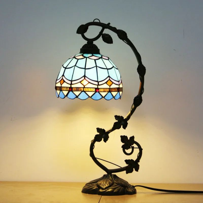 

8 дюймов 20 см витраж ручной работы Тиффани синее море воздушный настольный светильник металлический лист основа для небольшого пространства спальня домашний офис декор