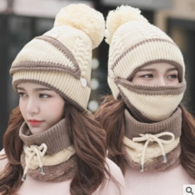 Fashion Autumn Winter Women's Hat Caps Knitted Warm Scarf Windproof Multi Functional Hat Scarf Set Clothing Accessories 3pcs/set