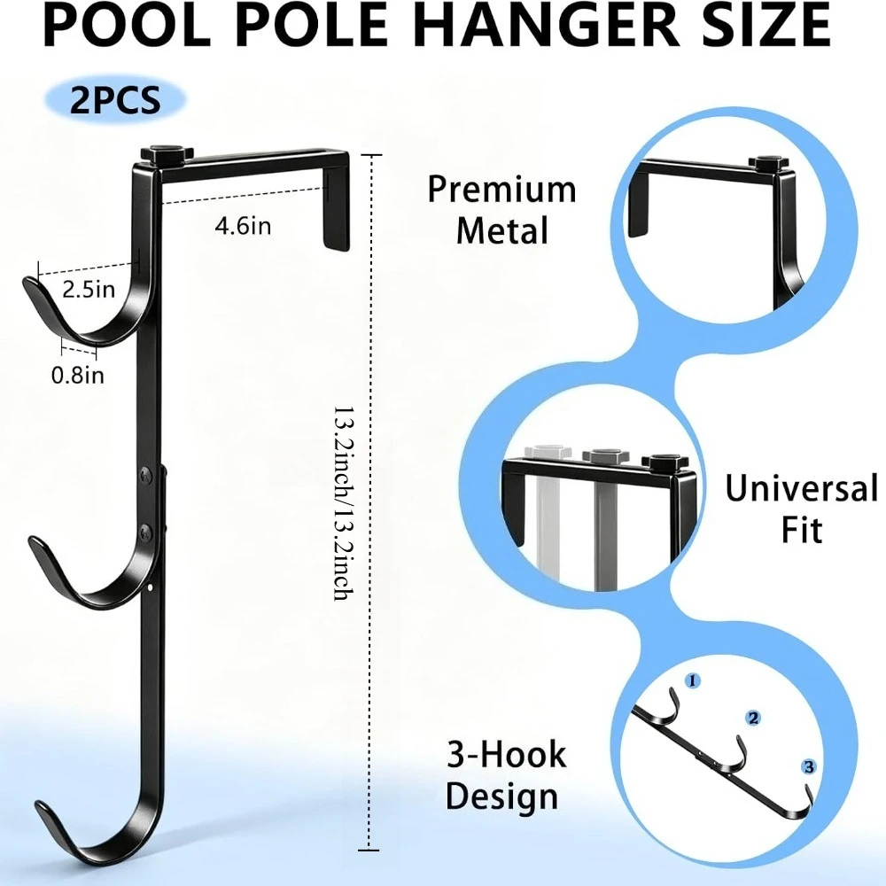 2 Pack 3-Tier Adjustable Heavy Duty Pool Pole Hanger Holder Rustproof Pool Fence Hooks for Pool Garden Tool Organizer