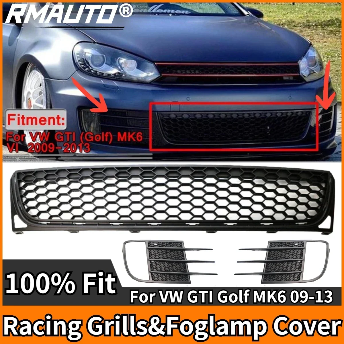 RMAUTO Matte Black Car Front Bumper Grill Fog Lamp Cover Honeycomb Racing Grills For VW GTI Golf MK6 2009-2013 Car Accessories