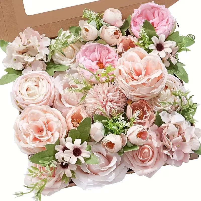 Juego de caja combinada de flores artificiales, ramo de novia de rosas artificiales de seda rosa para flores de pieza central de bricolaje salientes/interiores para