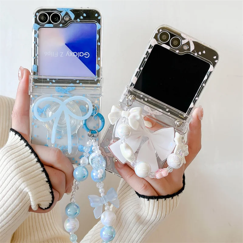 

3D белый, синий браслет с подставкой и бантом, чехол для телефона Samsung Galaxy Z Flip 7 FE 3 4 5 6, противоударная задняя крышка с шарниром