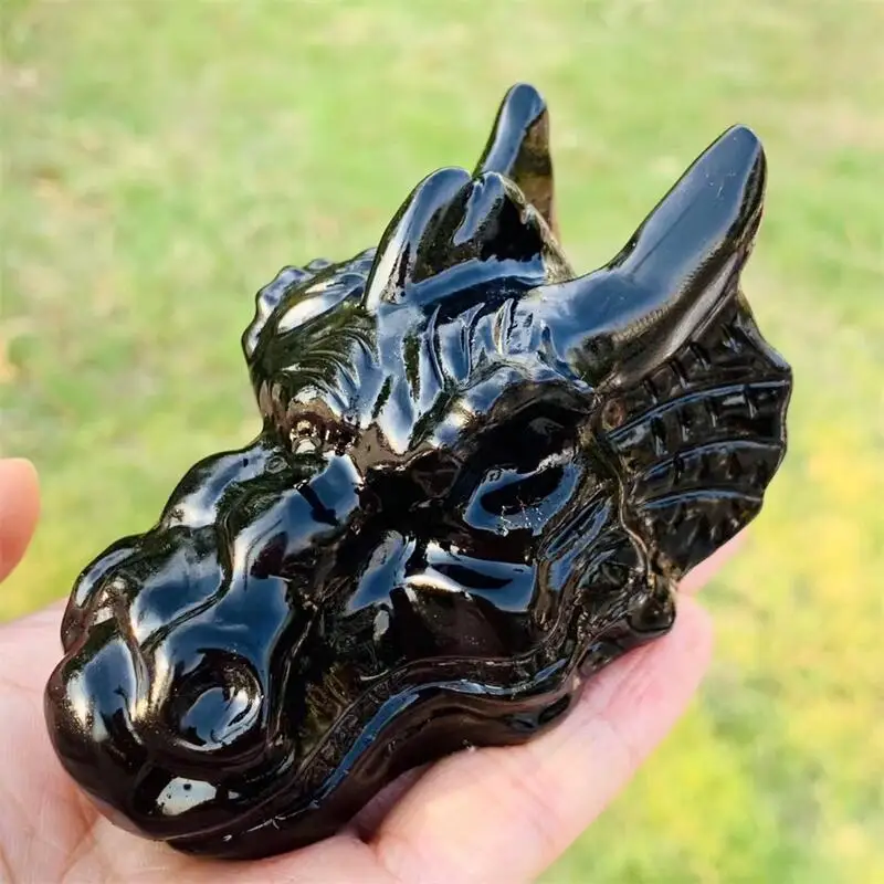 10CM Natural Black Obsidian Dragon Skull Carving Head Animal Statue Faucet For Room Decoration Holiday Gifts 1pcs