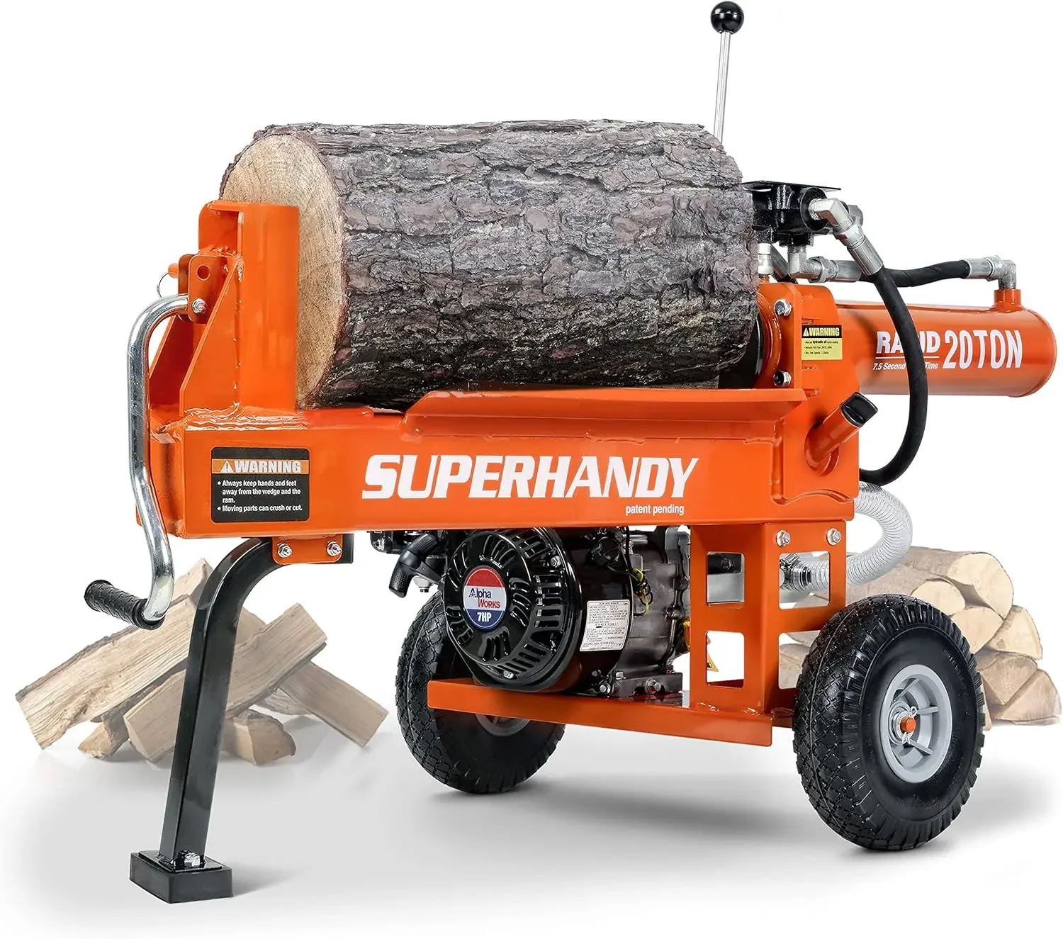 Log Splitter Portable 20 Ton Rapid Auto Return Ram System Bucher Gear Pump 7HP Engine Horizontal Full Beam Steel Wedg