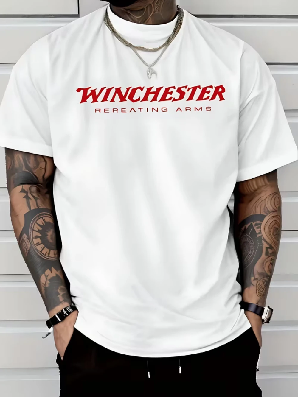 Stylish and Casual Short-Sleeve T-Shirt for Men Featuring Continuous Winchester Gun Design with Regular Round Neck