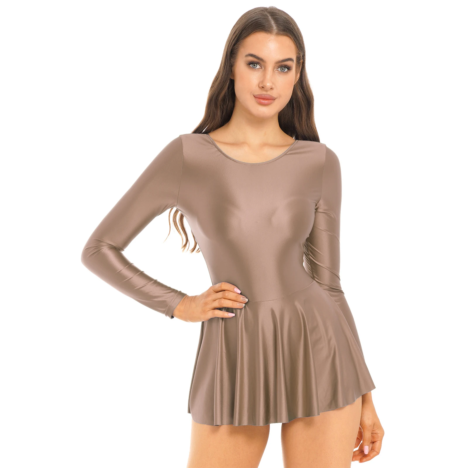 Sexy Womens Oil Glossy Long Sleeve Ruffled Tank Dress Solid Color Round Neck Ballet Leotard Dresses Sports Swimming Clothes