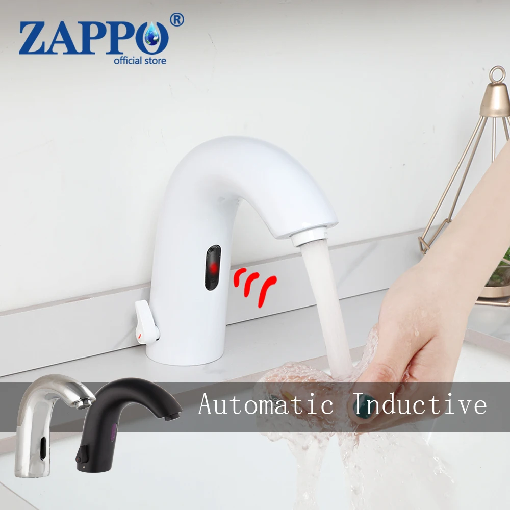 

ZAPPO White Brass Bathroom Automatic Inductive Faucet Touchless Free Sink Faucets Sensor Tap Hot & Cold Water Mixer Taps Black