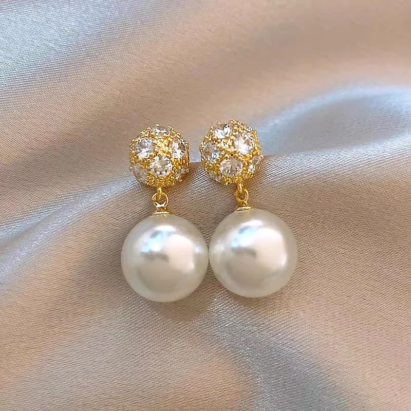 2024 New Hemispherical Surface Crystal Imitation Pearl Pendant Earrings for Women Minimalist Gold Color Ear Jewelry  Girls Gift