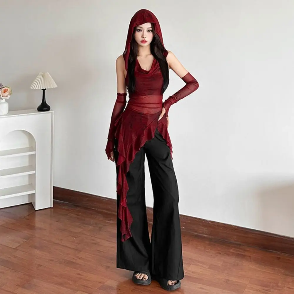 

Y2K Tees Ruffle Long Sleeve Shirt Hooded T-shirt Streetwear Vintage Gothic Hooded Square Neckline Design with Sleeves