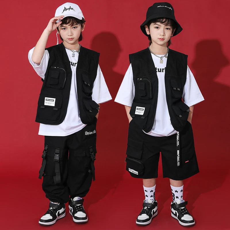 

Boys Hip Hop Clothes Black Vest Pants Loose Street Dance Drum Outfits Kids Girls Jazz Performance Costume Teenager Suit BL12066