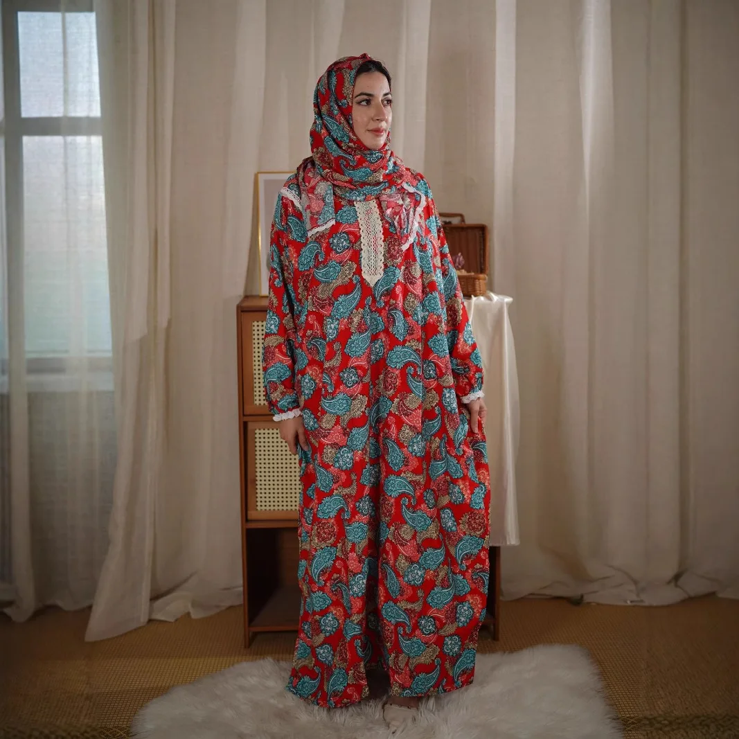 

Large Size Women's Dress New Middle East Muslim Abaya Lace Robe Dress Fashion Scarf Integrated Printed Prayer Abayas Suit