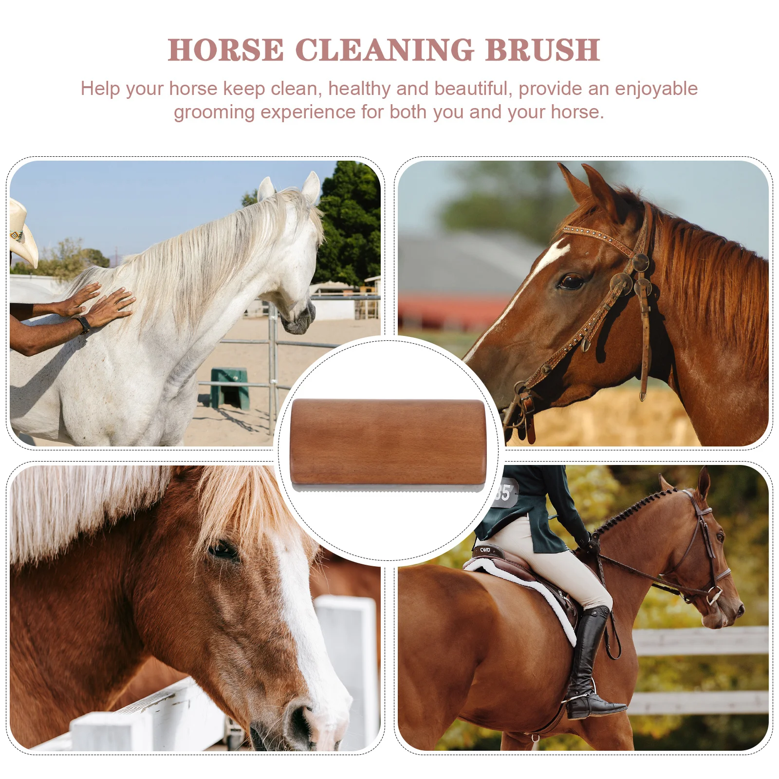 فرشاة العريس الخشبية مع حافة مسننة معدات كشط عرق الحصان قبضة مريحة لسهولة العناية بالحصان متعدد الأغراض