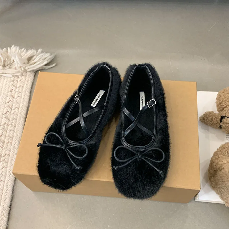 

Footwear Round Toe Flats Fur Shoes For Ladies Butterfly-Knot Female Shallow Fashion Plush Women Mary Janes Flats Shoes