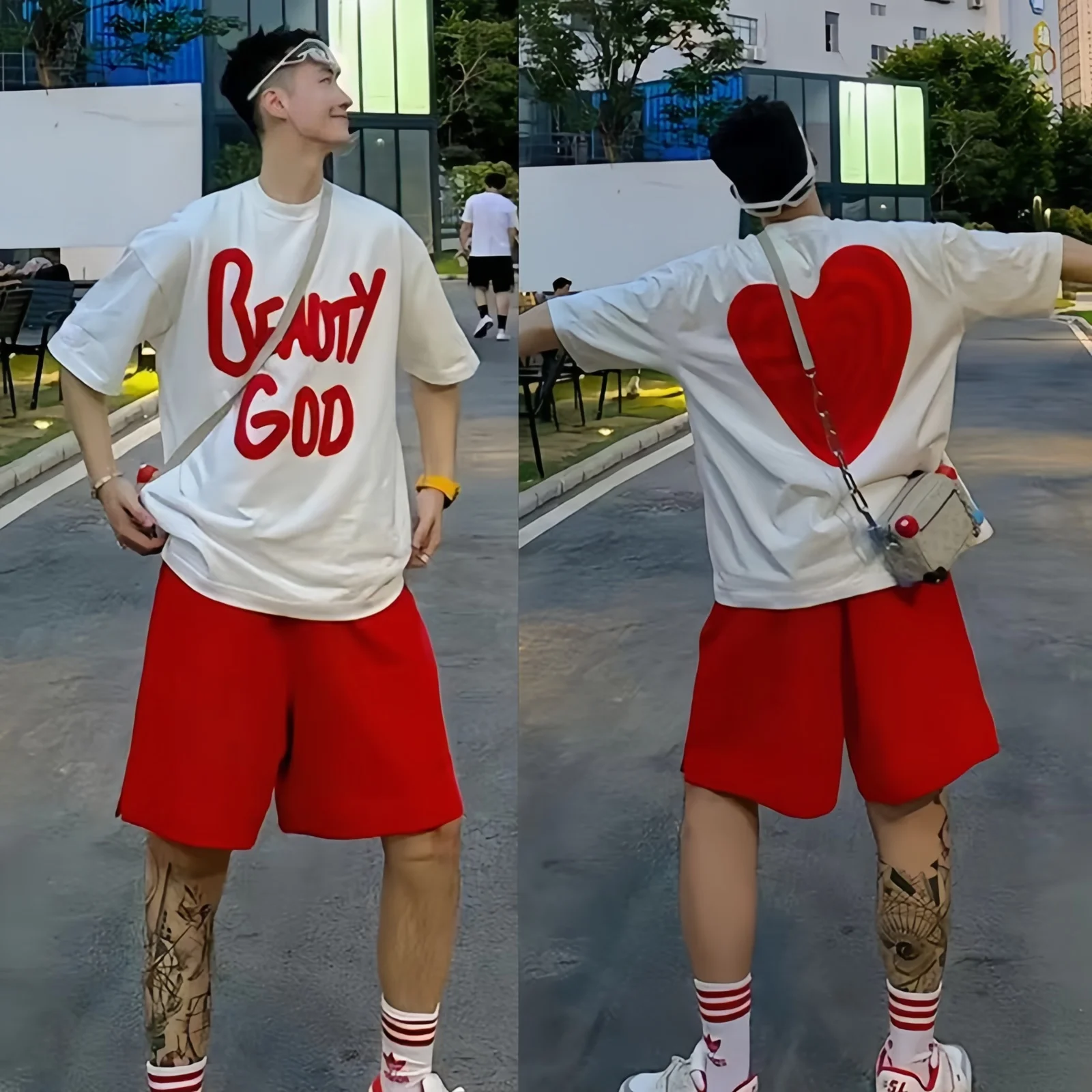 

Summer New Men's Faion Sportswear ort Sve Print Casual Set Heart Print orts Set Cotton Blend Fabric Youth Suitable