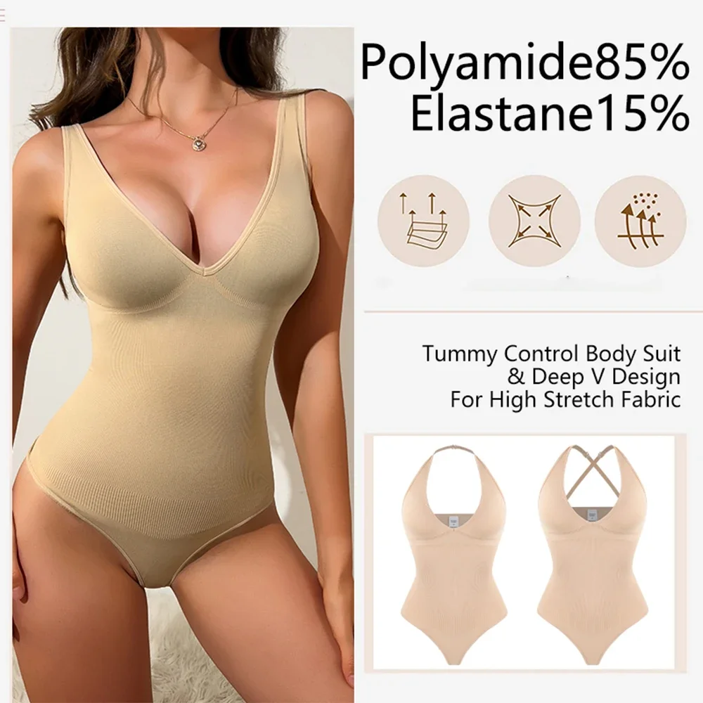 Tummy Control Shapewear Women Backless Top Thongs Bodysuit Seamless Sculpting Body Shaper Halter Deep V Neck Jumpsuits