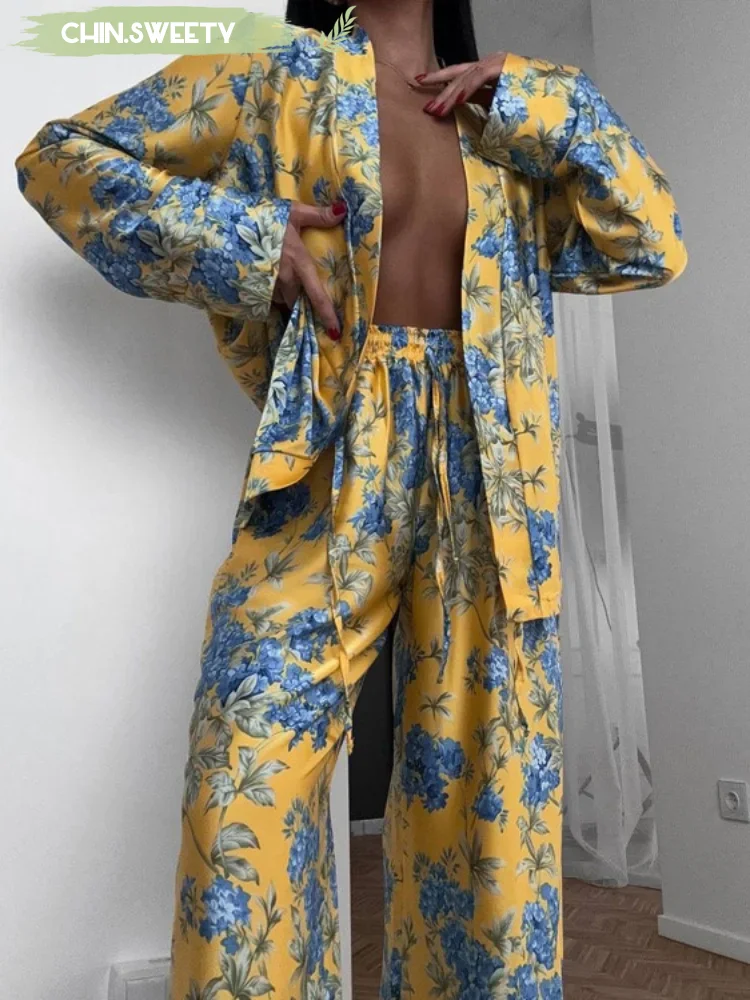 

Retro Satin Printed Lace Up Coat Pants Suit Women Elegant V Neck Full Sleeves Top Loose Straight Trousers Set Lady Street Wear