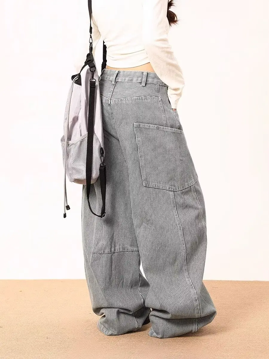 Graue Baggy-Jeans für Damen, Y2K, japanische Hose, Harajuku, High Street, Vintage, 2000er-Jahre-Stil, lockere Hose mit weitem Bein, Jeans, Kleidung 2024