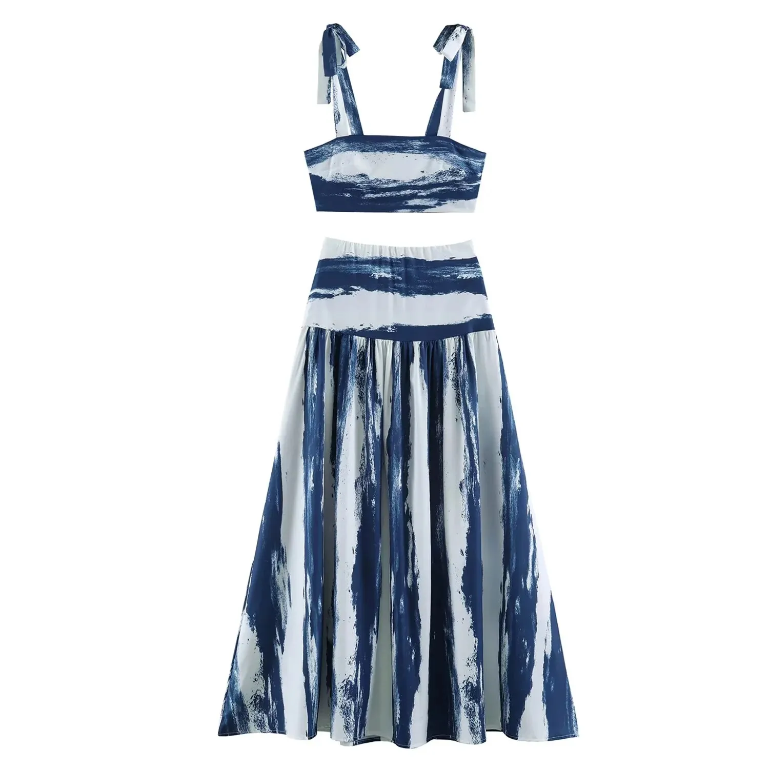 2026 new summer style women's resort style tie-dye printed short camisole A-line mid-length skirt suit