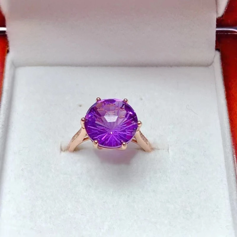 

Brilliant Amethyst Silver Ring 11mm 5ct Natural Amethyst Jewelry 18K Gold Plated Crystal Ring for Office Women