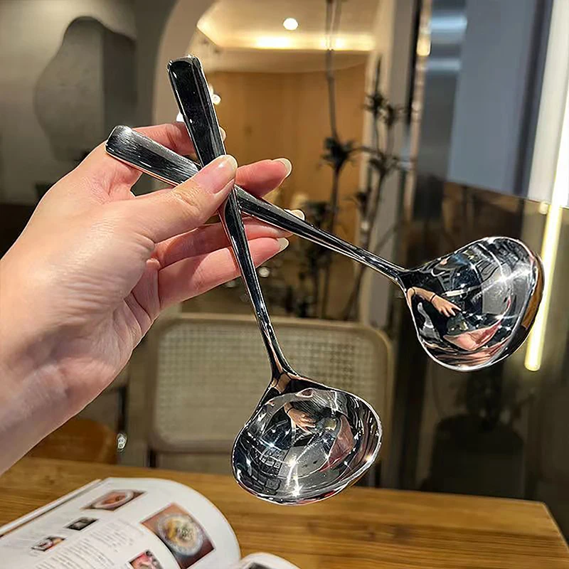 1PC 304 Stainless Steel Deep & Thickened Spoon - Long Handle Big Head Round Household Drinking and Congee Spoon