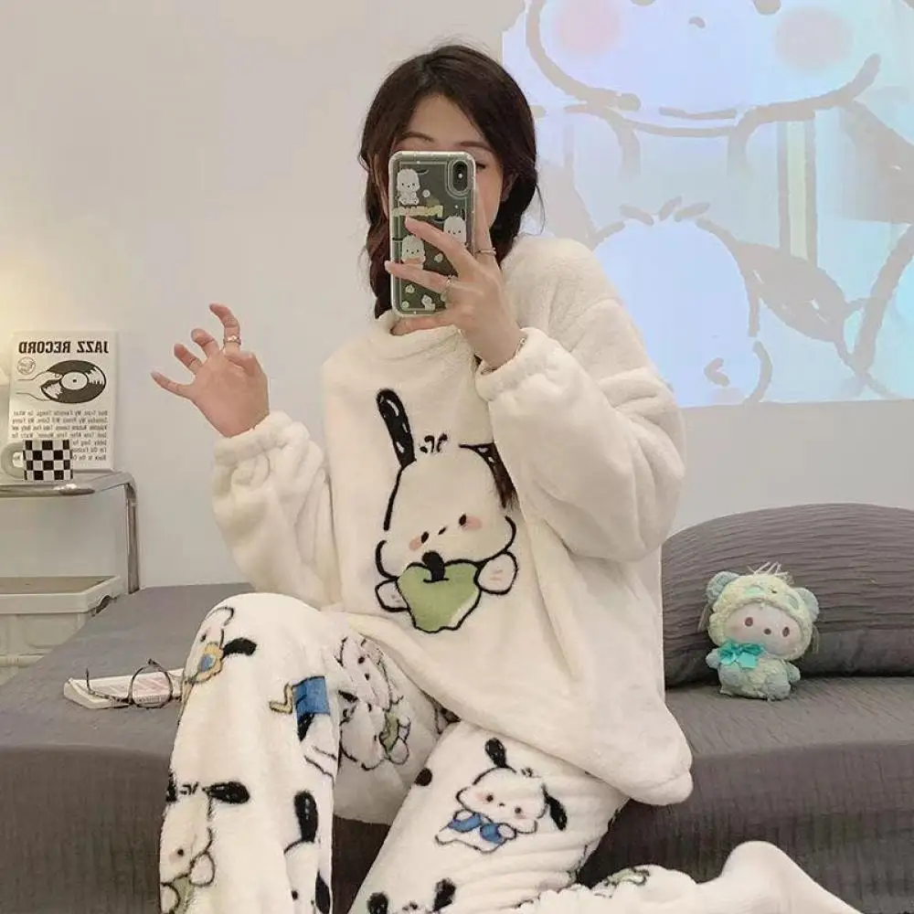 Cartoon Pochacco Coral Fleece Pajamas Set Sanrioed Anime Kawaii Spring Women Plush Homewear Cute Girl Student Loose Warm Clothes