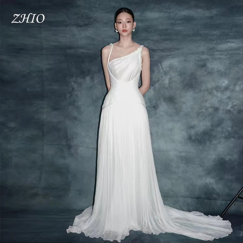 ZHIO أنيقة ثنيات فستان حفلات الزفاف السباغيتي الأشرطة سويب تراين كوريا صورة تبادل لاطلاق النار الزفاف ثوب مسائي مخصص ذاكرة ديريس