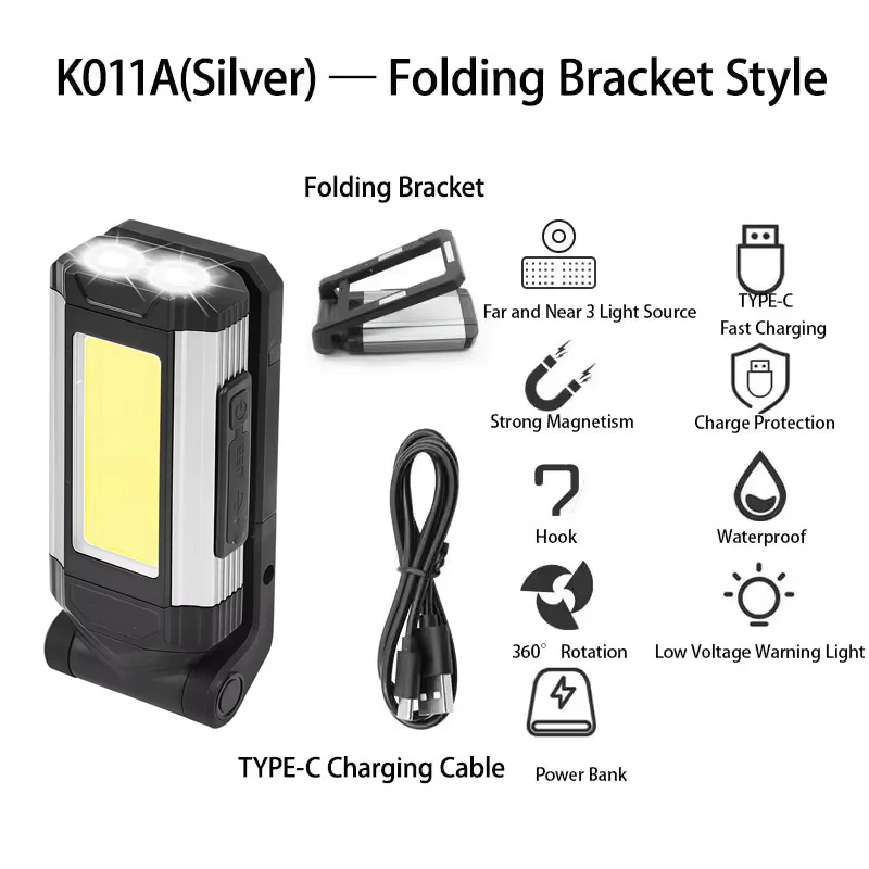 2026 New Magnetic COB Work Light USB Rechargeable LED Flashlight Portable Lantern Camping Light Type-C Power Bank Function Lamps