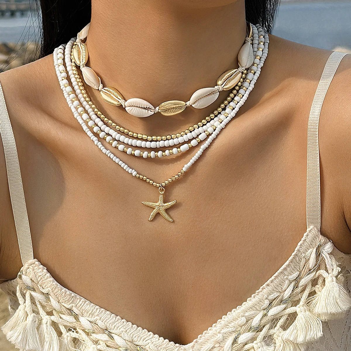 docona Bohemia Shell Starfish Pendant Necklace  for Women Sand Beach Measle Chains Necklaces Jewelry Party Girls ожерелье 25134