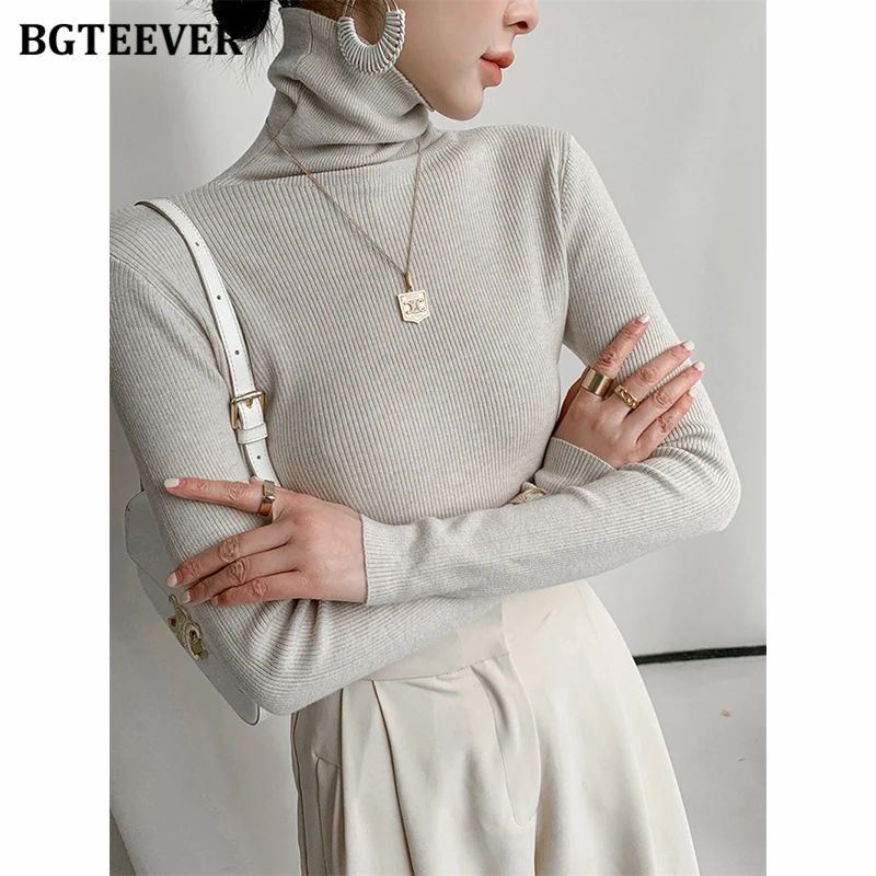 BGTEEVER Basic Turtleneck Sweaters for Women Long Sleeve Skinny Ladies Knitted Jumpers Autumn Winter Women Warm Pullovers