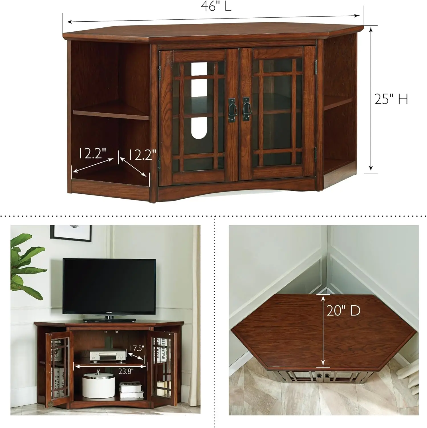 Solid Wood Oak Two Door Corner TV Stand For 50