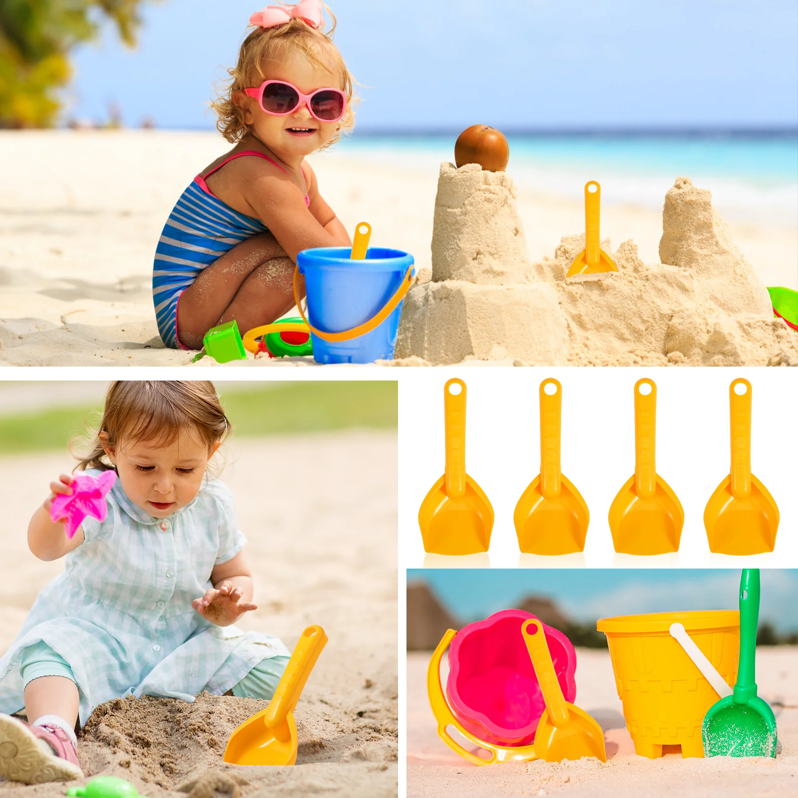 8 pale per sabbia giocattolo da spiaggia per bambini, per bambini, giardinaggio, piccoli giocattoli esterni, plastica gialla