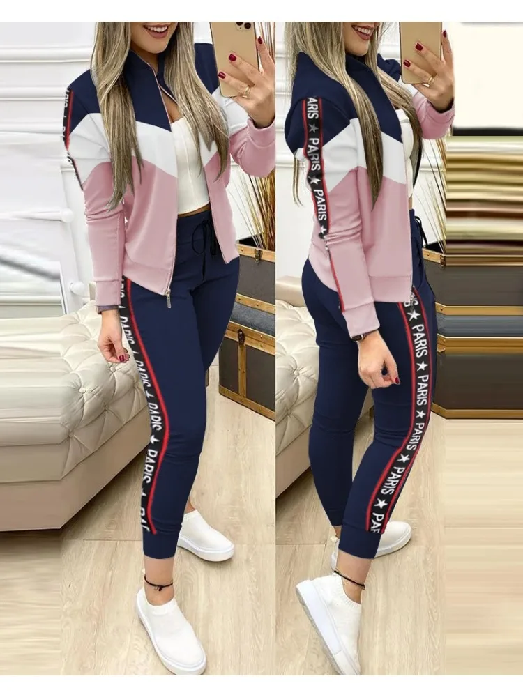 Set Frau 2 Stück Hosen Anzüge Zipper Jacke Hosen Trainingsanzug Frauen Patchwork Sportwear Casual Weibliche Jogging Anzug Plus Größe XL