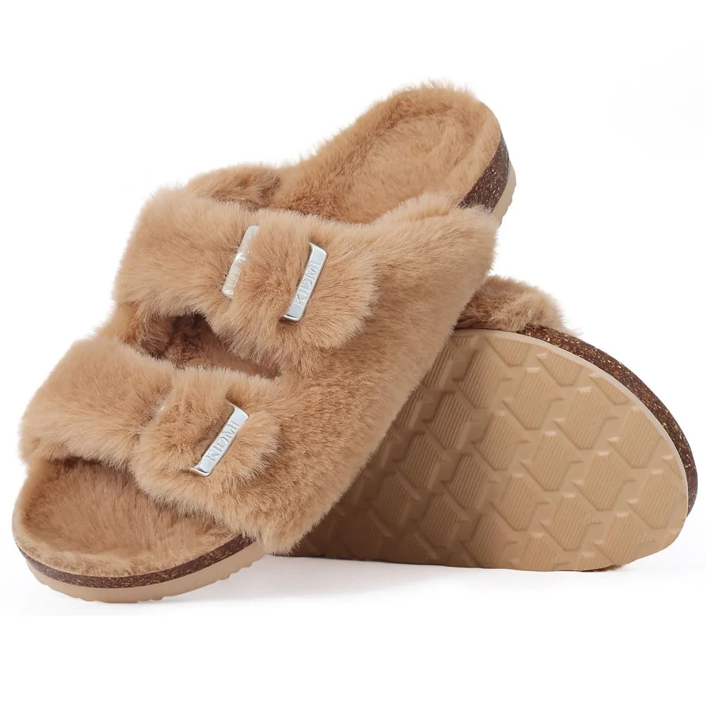 Litfun Furry Warm Cork Slippers Women Winter Fluffy Slides Sandals Soft Home Women Slippers With Arch Support Adjustable Buckle