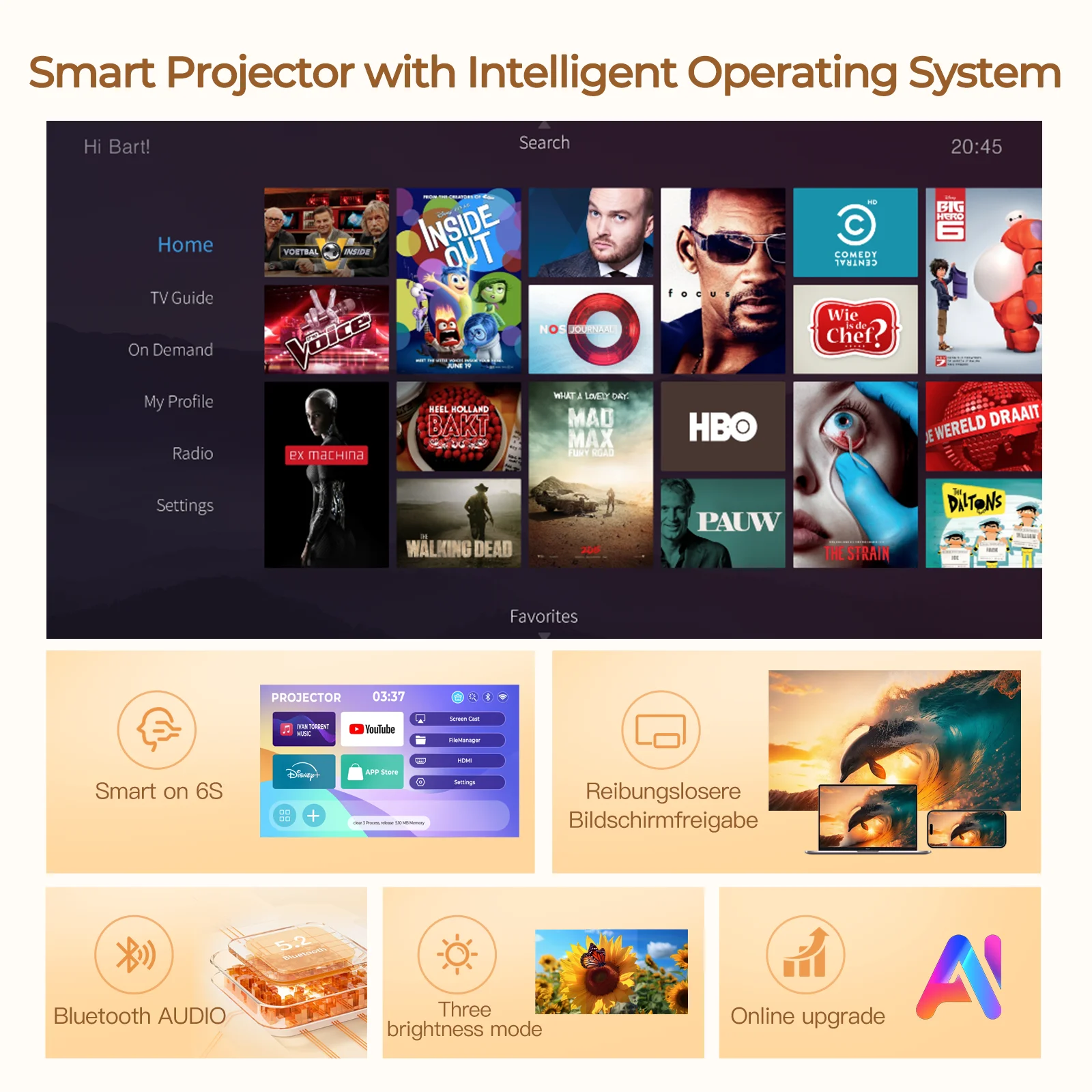 Lyncast 600ANSI L018 4K Портативный проектор Native 1080P с автофокусом Коррекция трапецеидальных искажений Android 11 BT5.2 WIFI6 360 °   Домашний кинотеатр