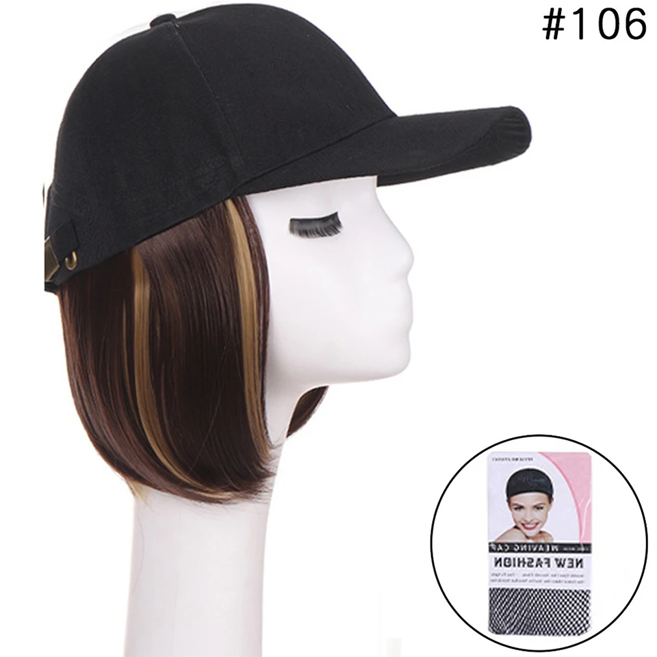 Synthetic Adjustable Black Hat Wigs Short Bob Straight Baseball Cap Wig Seamless Connection Hair Extensions for Women