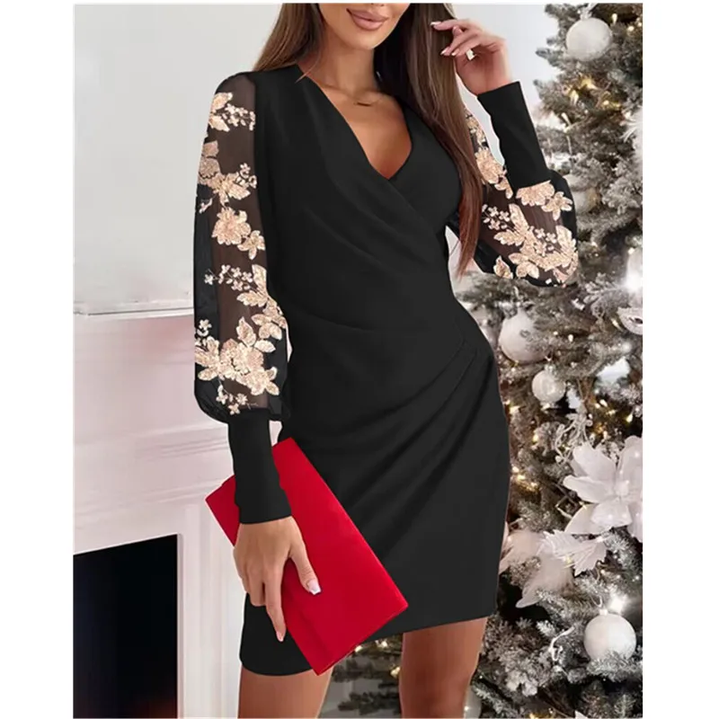 Outono inverno cor sólida flor renda manga comprida com decote em v cintura abraçando vestido feminino novo preto festa magro mini vestido