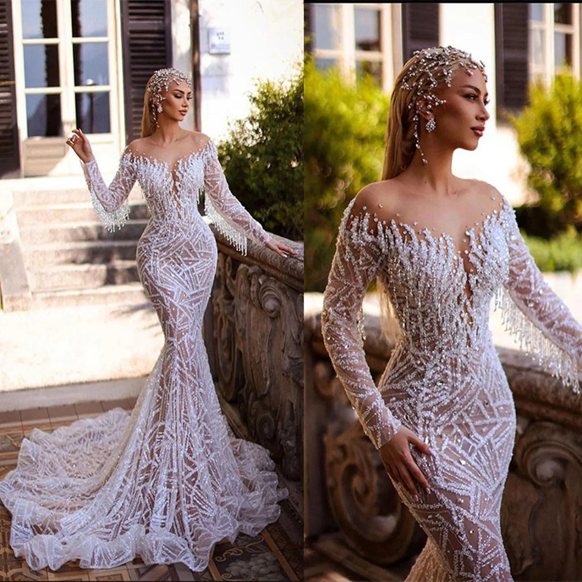 

New Sexy Beads Tassel Mermaid Wedding Dresses 2022 Shine Boat Neck Tulle Full Sleeve Bridal Gowns Brush Train Robe De Vestido