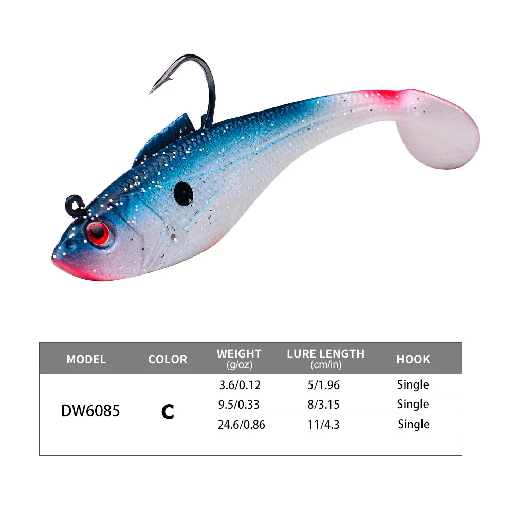 1/5 Stück Künstlicher Weichköder mit Jigkopf 3,6g 9,5g 24,6g Jigging-Weichköder Gummi-T-Schwanz Angelköder Schwimmköder für Barsch und Hecht