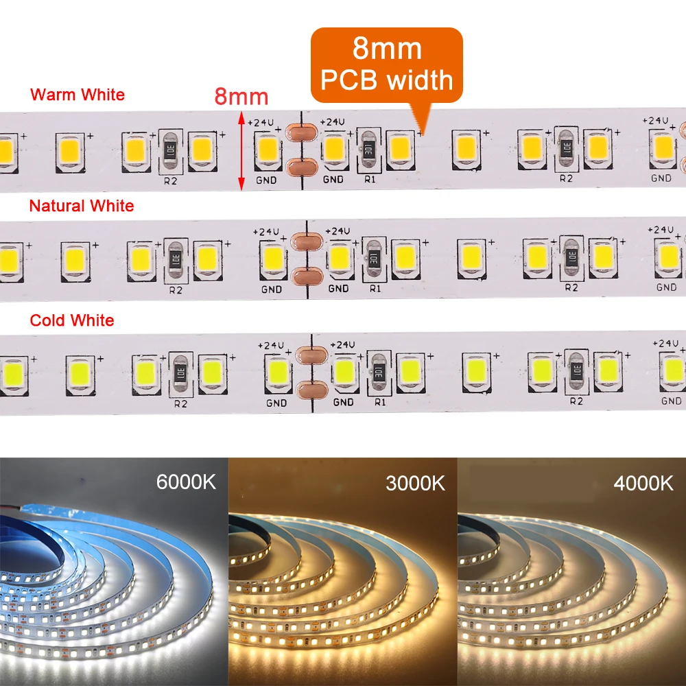 12V LED Strip Light 4mm 8mm 120LEDs/m 2835 Flexible Tape Light Ribbon Warm/ Natural/ Cool White for Home Decor Kitchen Lighting