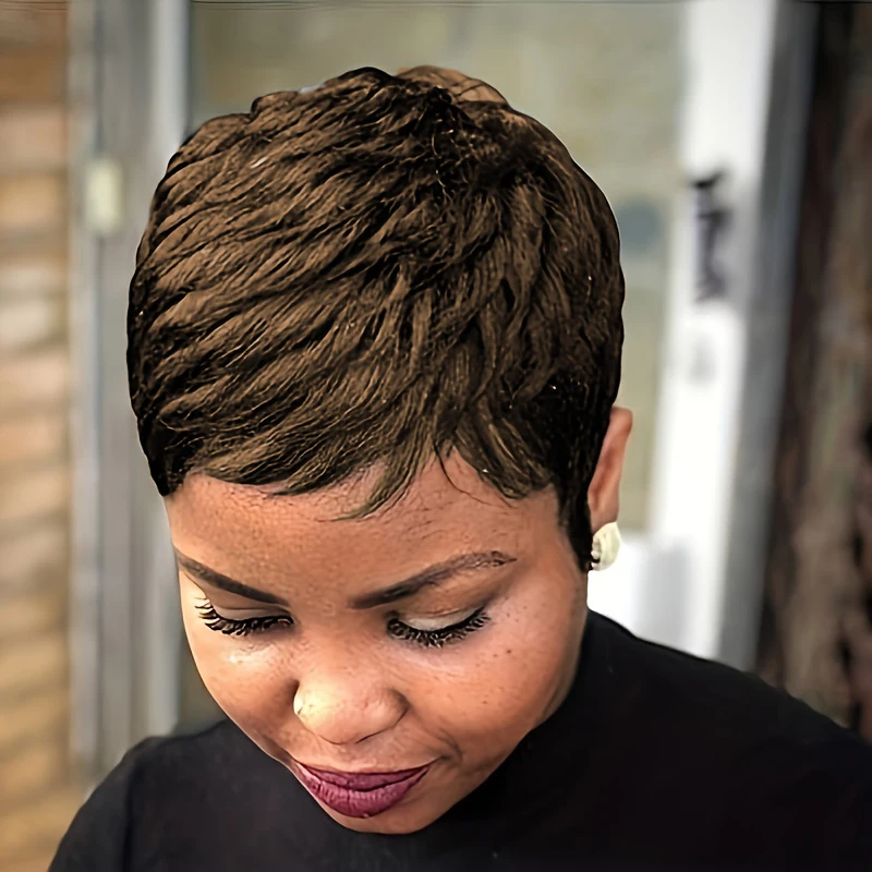 密度150% 4インチ ピクシーカット カールウェーブ 人毛ウィッグ 女性用 フルマシンメイドウィッグ デイリーユース＆パーティー用