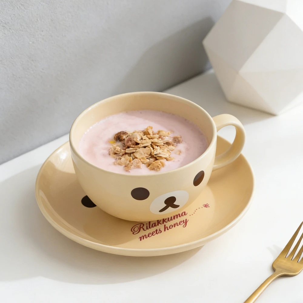 Cartoon-Bären-Gesicht Kaffeetassen-Set Kawaii Keramik-Tasse und Untertasse für Milchtee Ästhetischer Japanischer Stil Großes Fassungsvermögen Tischgeschirr