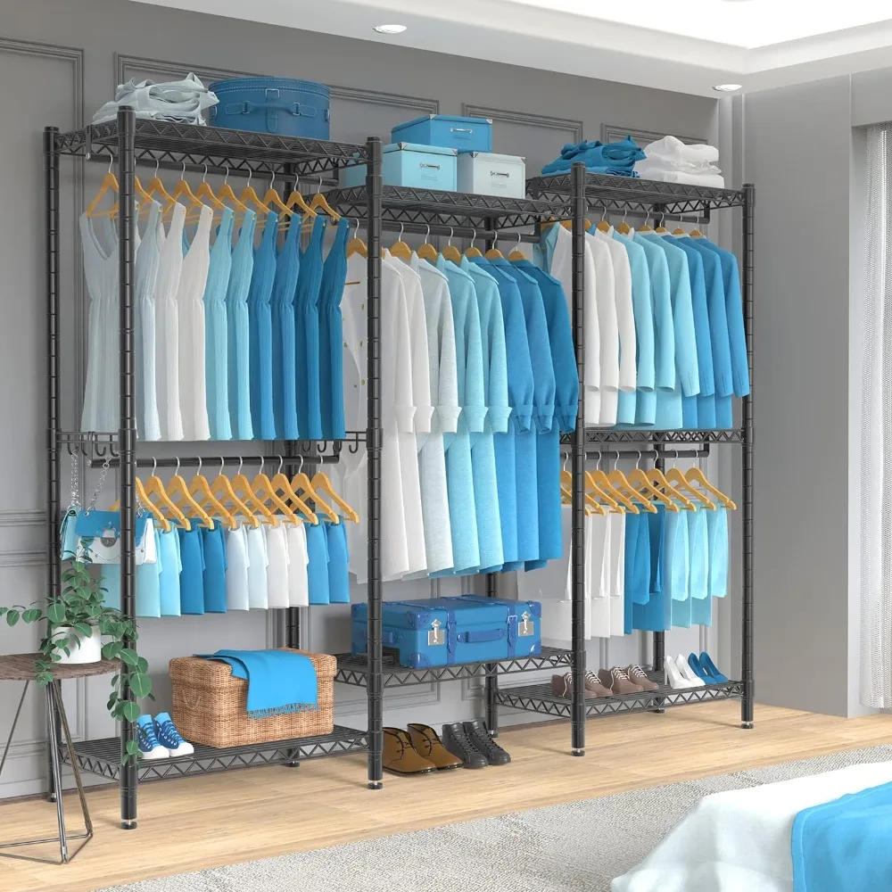 

Portable Wardrobe Rack, 7 Tiers Wire Shelving Garment Rack, Compact Clothing Racks Metal with 5 Hanging Rods, 1 Pair Side Hooks