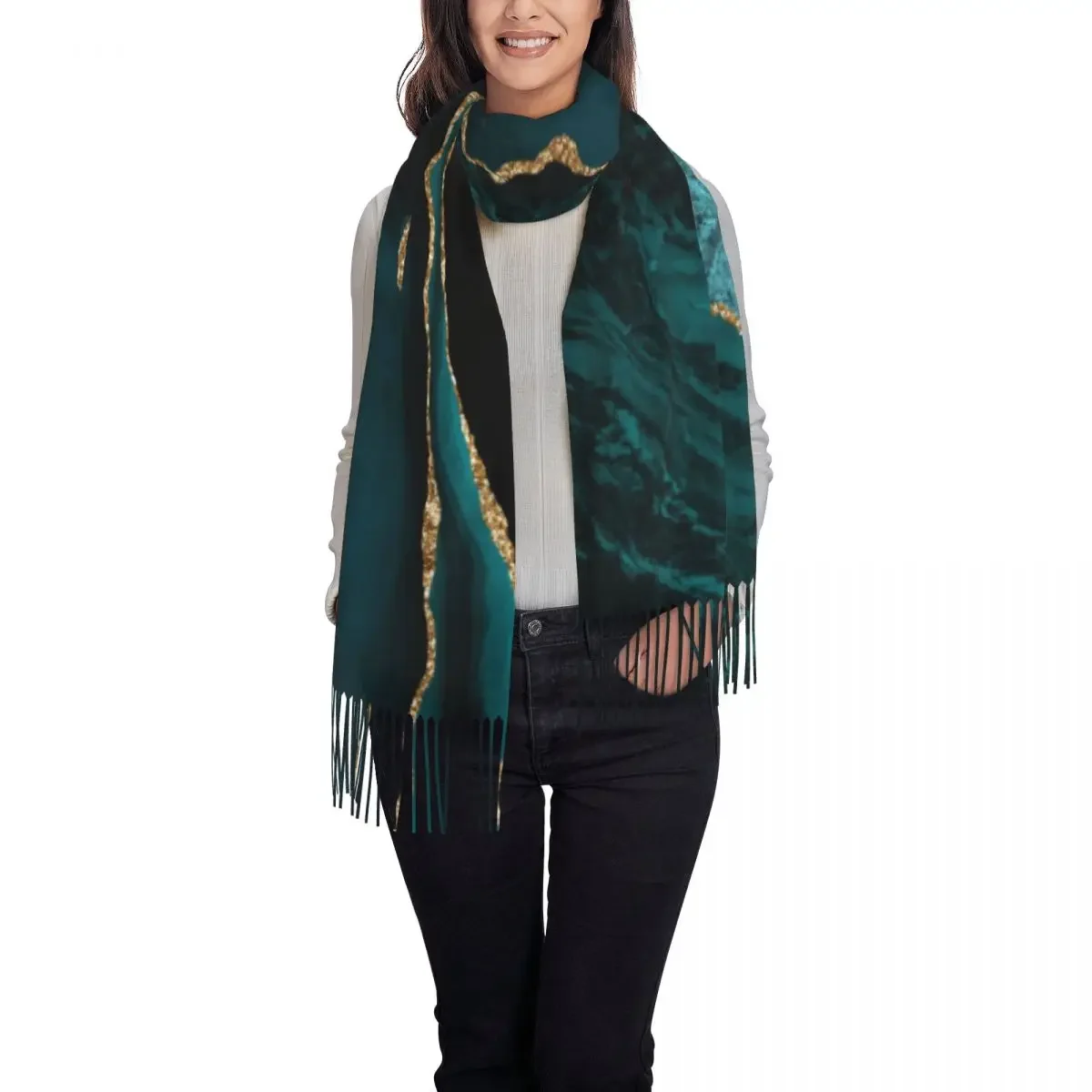 Stylish Teal And Gold Veins Agate Marble Texture Tassel Scarf Winter Fall Warm Shawls Wraps Female Pure Teal Gemstone Scarves