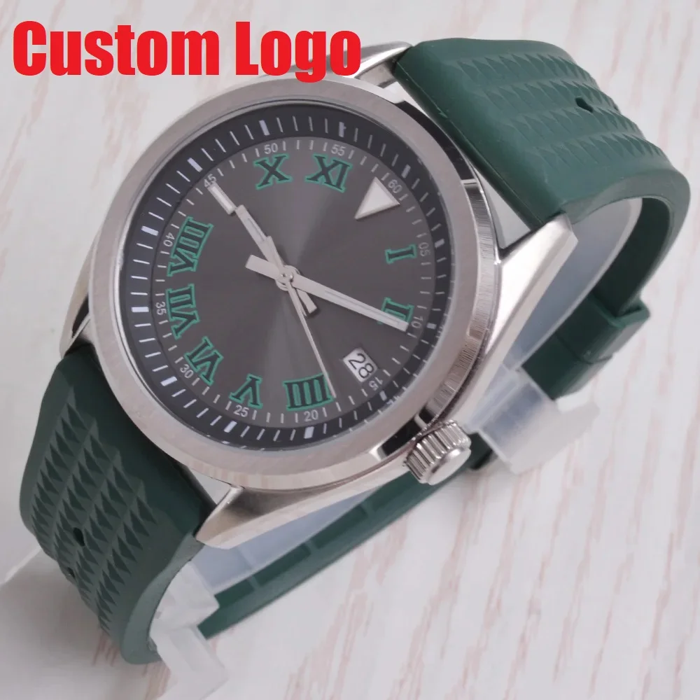 40MM NH35 Movement Sterile Grey Dial Date Window Sapphire Glass Green Rubber Strap Logo Can Be Customized