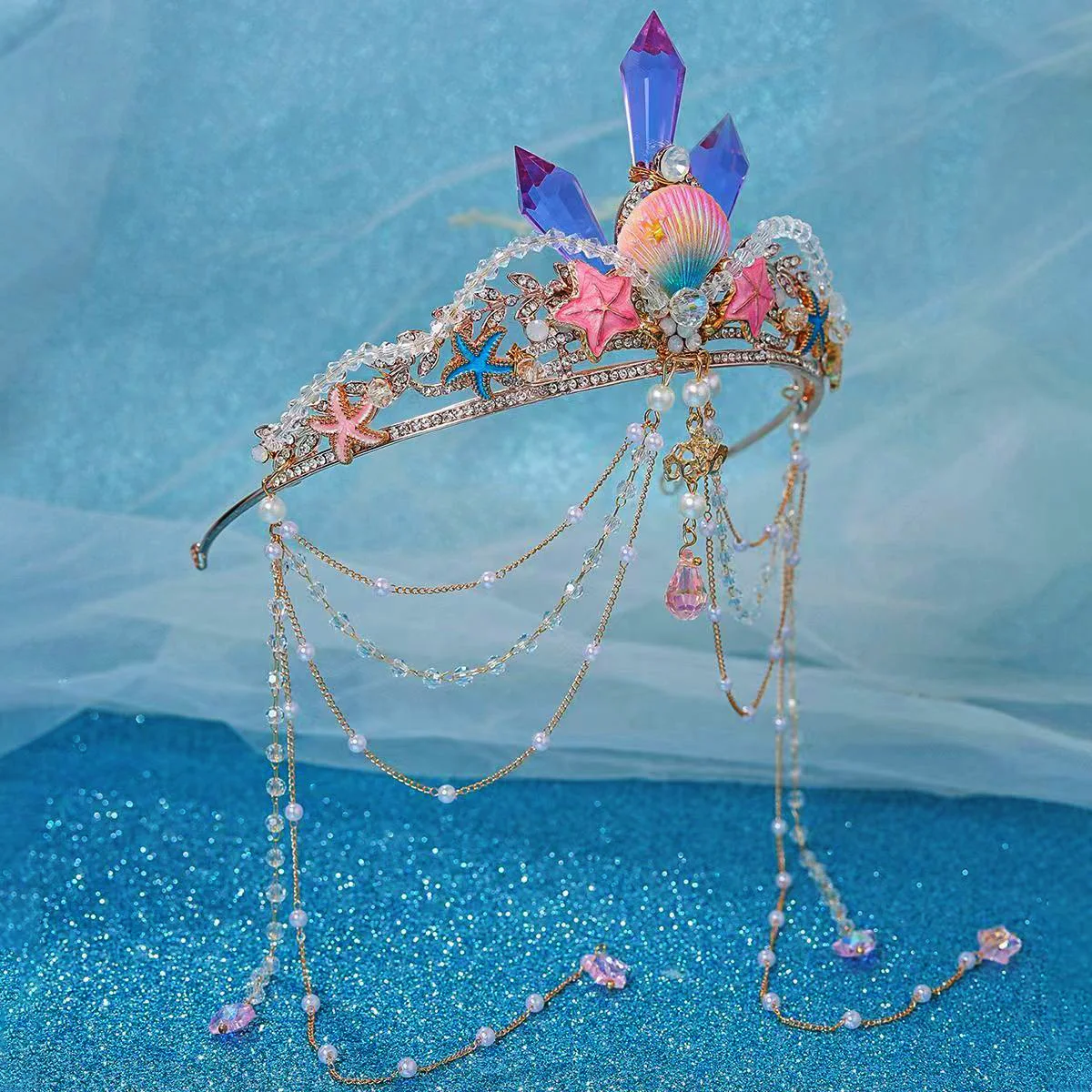 Ocean Style Shell Starfish Handmade Tassel Pearls Tiara Crown Women Adult Girls Elegant Hair Dress Birthday Party Accessories image 2