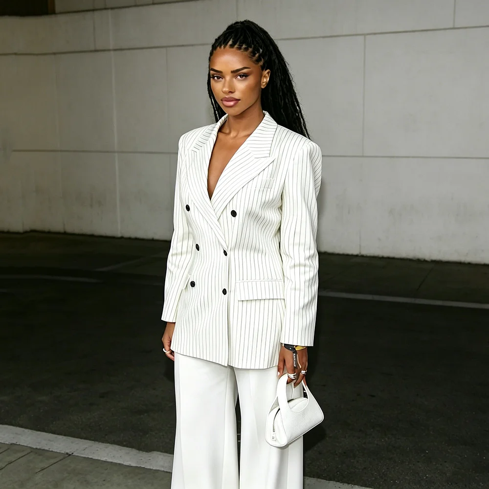 Elegant Pants Suit Woman Luxury Female Suits 2 Pieces Stripe Jacket+ Solid Pants Formal Banquet High-end Conjuntos De Mujer