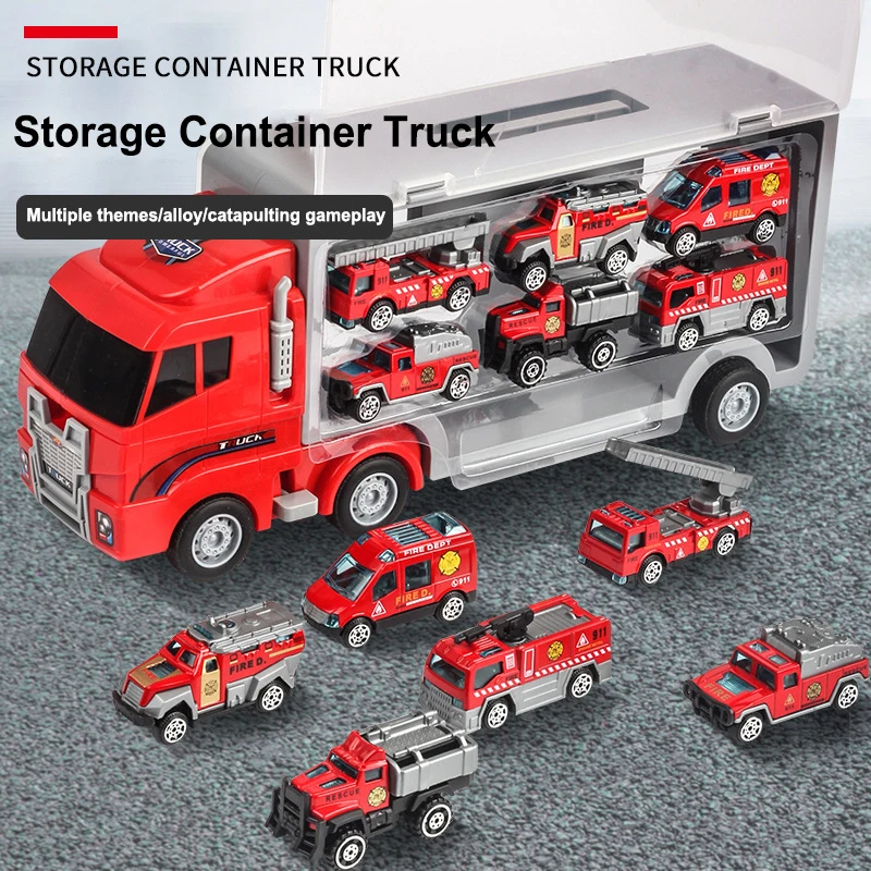 Children's Storage Container Truck Toy with Six Alloy Cars Simulation Engineering Fire Military Convoy Toy Children's Toy Gift