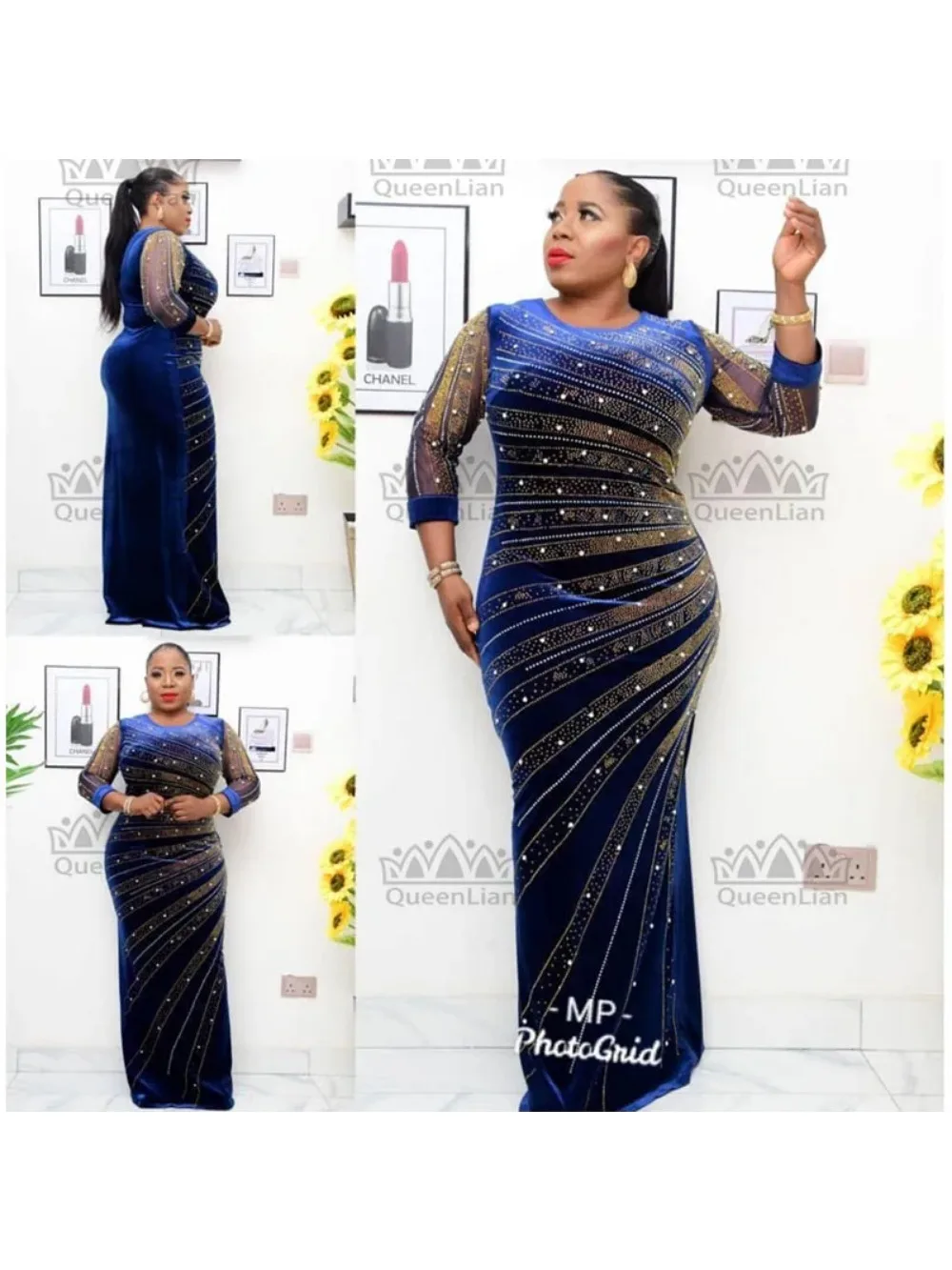 2024 New Design African VeLvet Pearl Diamond Long Tight Dress Big Elastic Material  For Lady