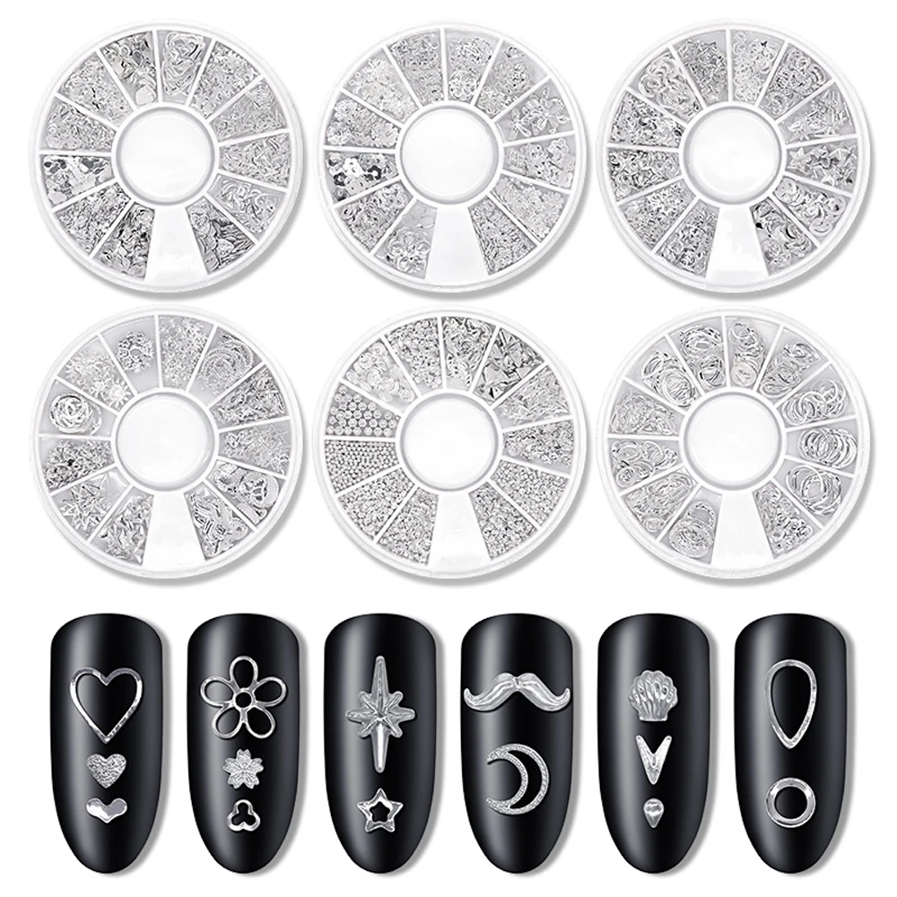 Accessoire de décoration pour ongles en alliage métallique, étoile et lune, boîte de perceuse, 12 grilles